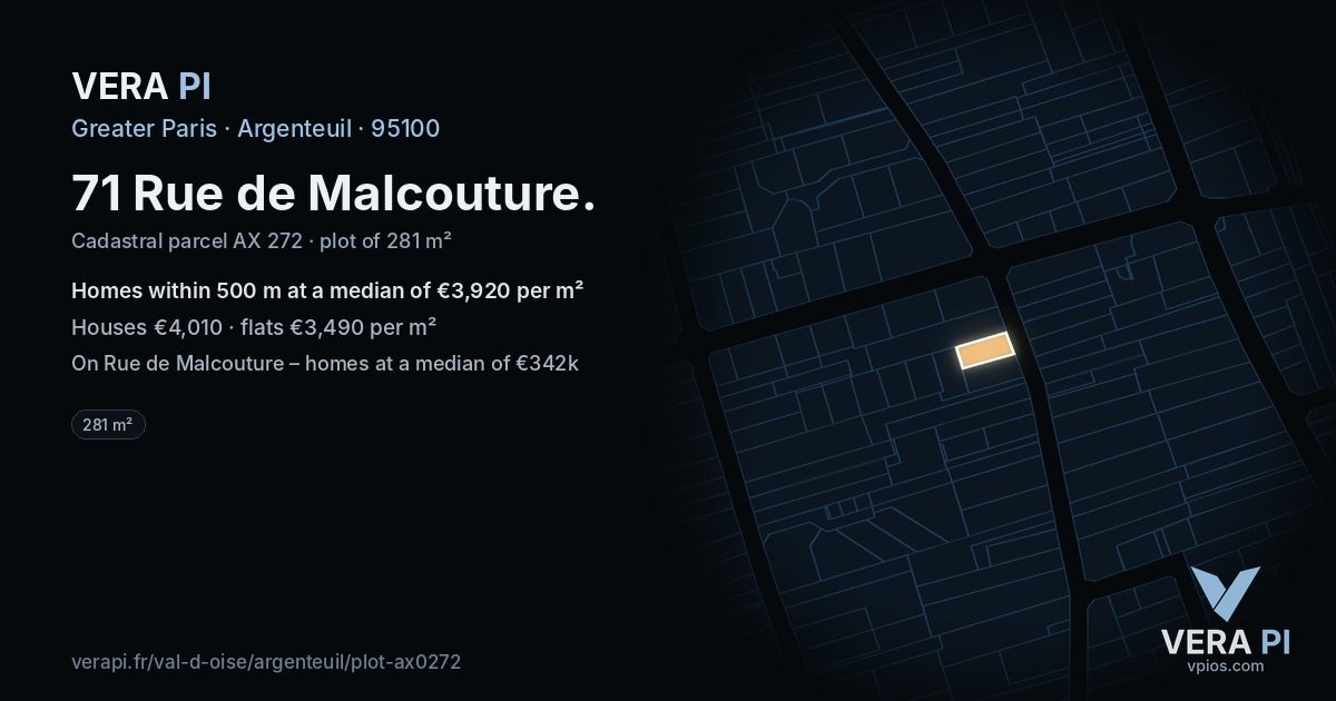 71 Rue de Malcouture, Argenteuil at night – the plot lit, the parcels around coloured by the prices near them