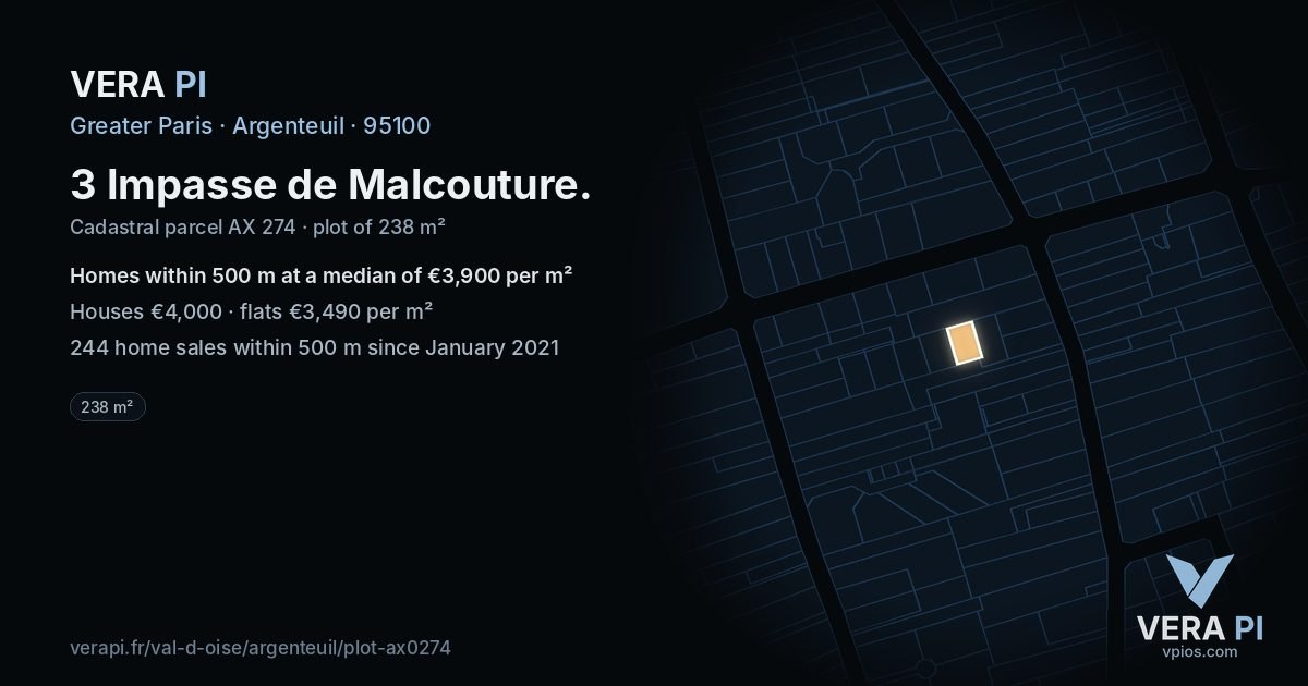 3 Impasse de Malcouture, Argenteuil at night – the plot lit, the parcels around coloured by the prices near them