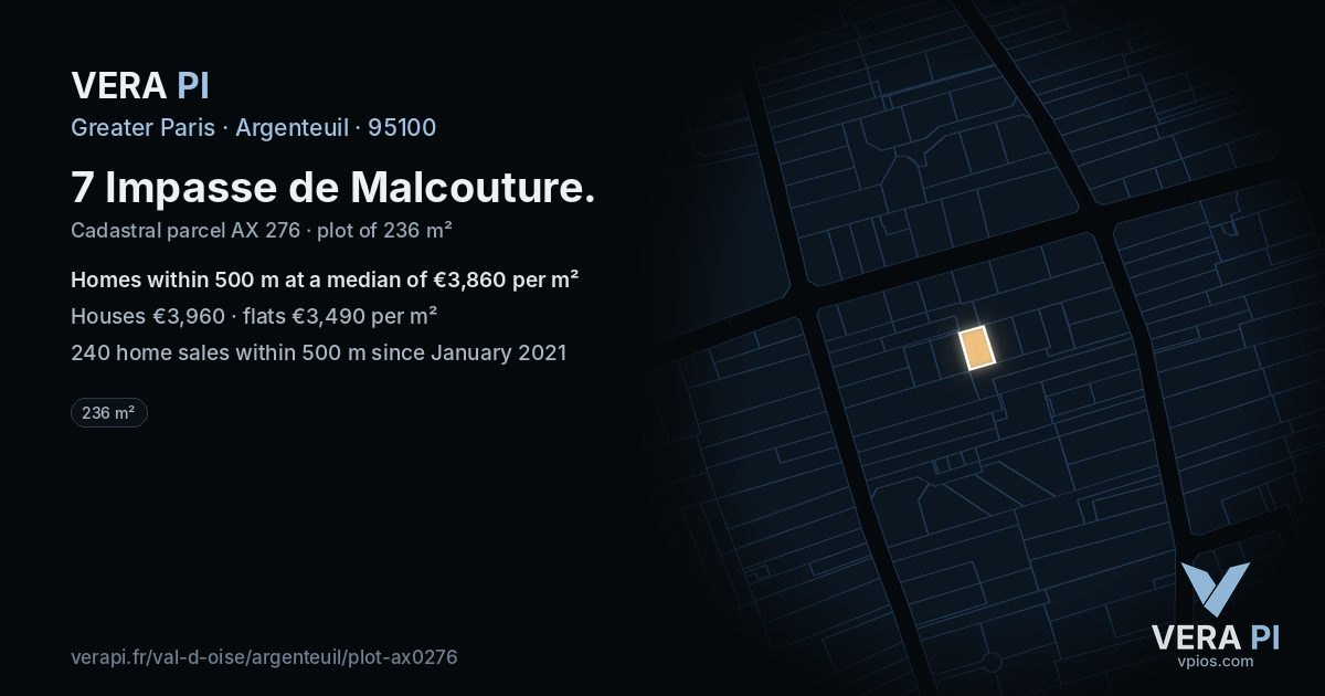 7 Impasse de Malcouture, Argenteuil at night – the plot lit, the parcels around coloured by the prices near them