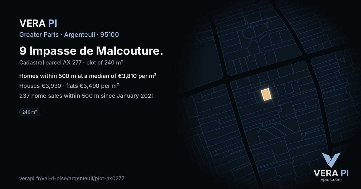 9 Impasse de Malcouture, Argenteuil at night – the plot lit, the parcels around coloured by the prices near them