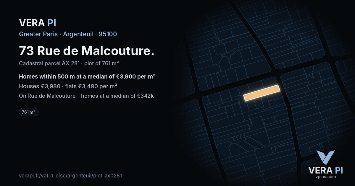 73 Rue de Malcouture, Argenteuil at night – the plot lit, the parcels around coloured by the prices near them