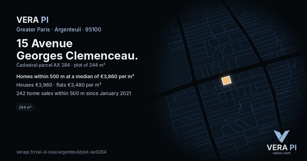 15 Avenue Georges Clemenceau, Argenteuil at night – the plot lit, the parcels around coloured by the prices near them