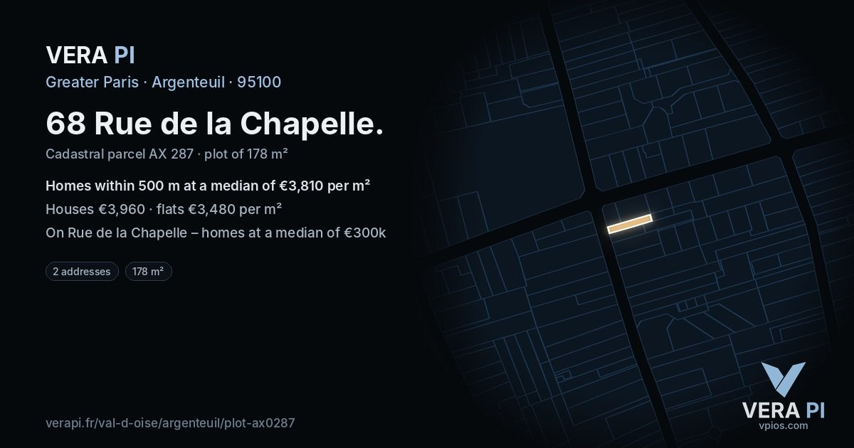 68 Rue de la Chapelle, Argenteuil at night – the plot lit, the parcels around coloured by the prices near them