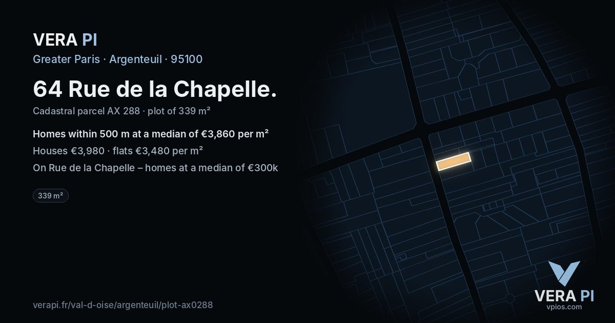 64 Rue de la Chapelle, Argenteuil at night – the plot lit, the parcels around coloured by the prices near them