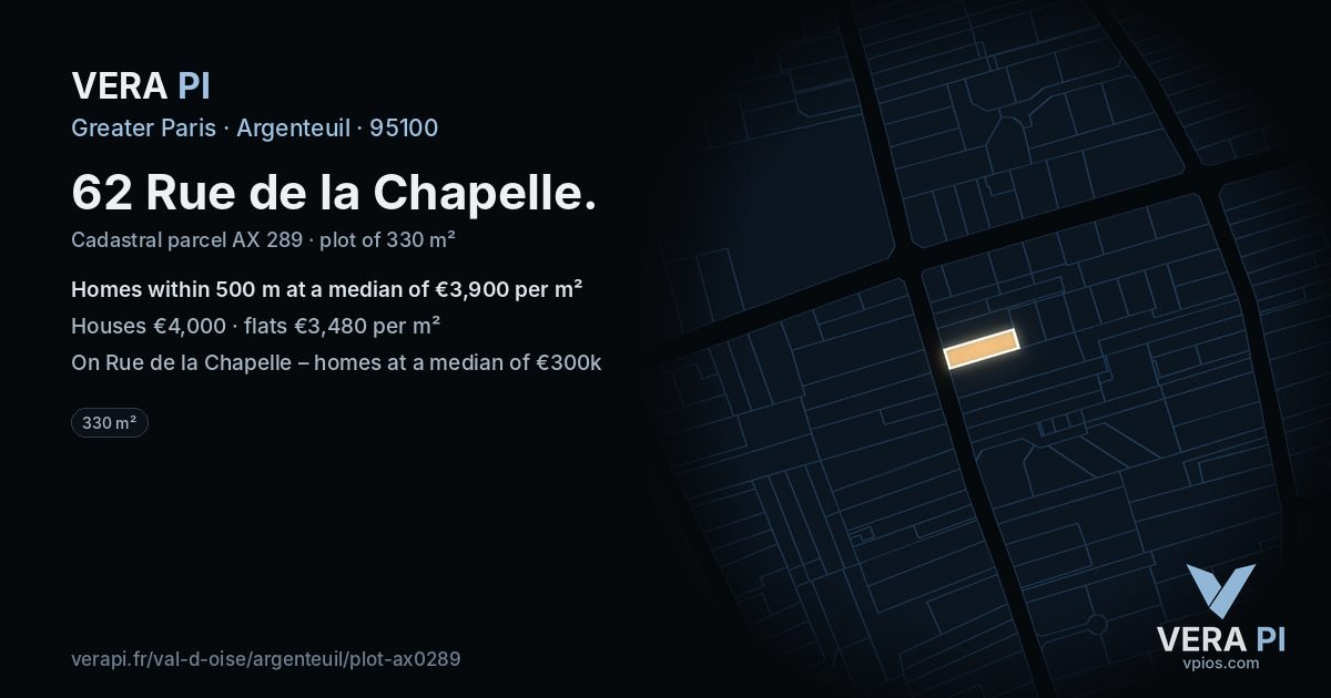 62 Rue de la Chapelle, Argenteuil at night – the plot lit, the parcels around coloured by the prices near them