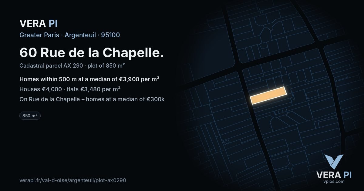 60 Rue de la Chapelle, Argenteuil at night – the plot lit, the parcels around coloured by the prices near them