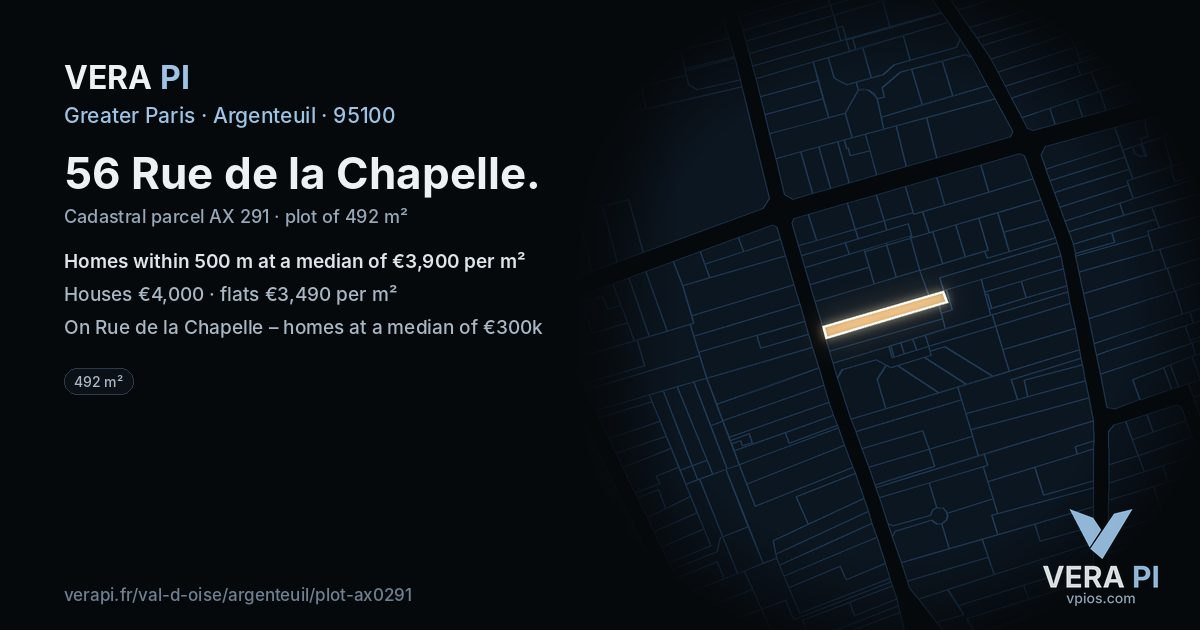 56 Rue de la Chapelle, Argenteuil at night – the plot lit, the parcels around coloured by the prices near them