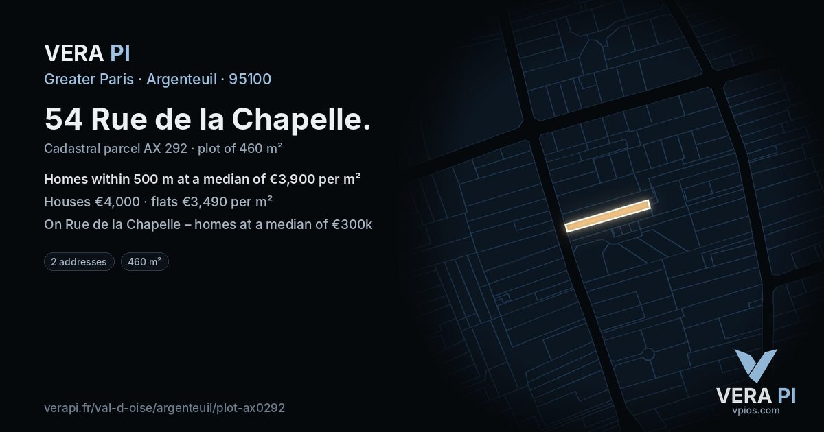 54 Rue de la Chapelle, Argenteuil at night – the plot lit, the parcels around coloured by the prices near them