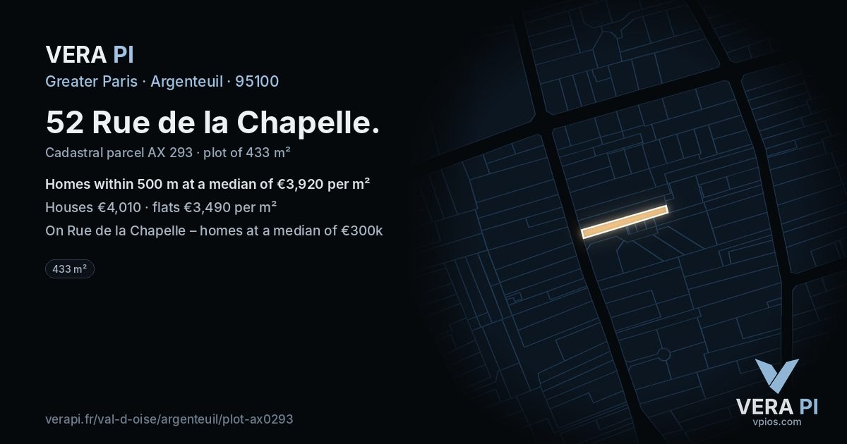 52 Rue de la Chapelle, Argenteuil at night – the plot lit, the parcels around coloured by the prices near them