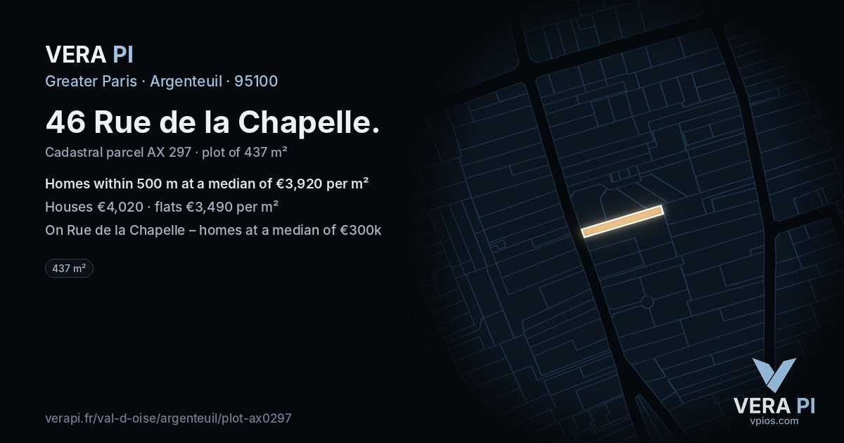 46 Rue de la Chapelle, Argenteuil at night – the plot lit, the parcels around coloured by the prices near them
