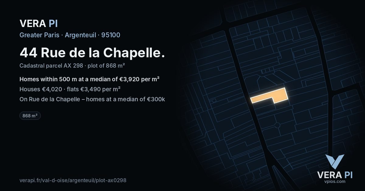 44 Rue de la Chapelle, Argenteuil at night – the plot lit, the parcels around coloured by the prices near them