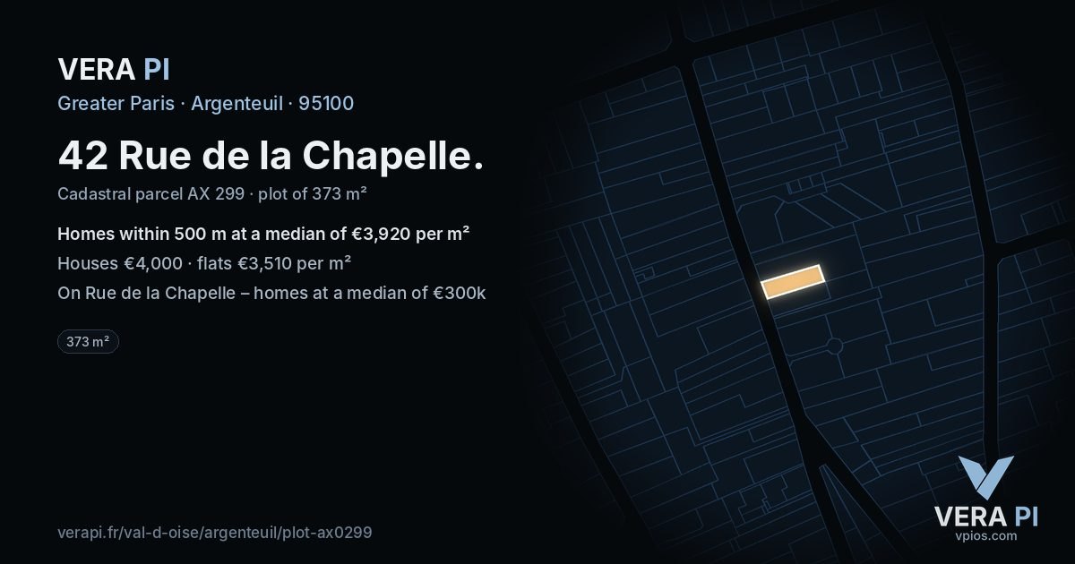 42 Rue de la Chapelle, Argenteuil at night – the plot lit, the parcels around coloured by the prices near them