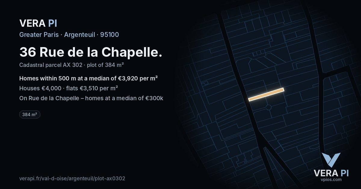 36 Rue de la Chapelle, Argenteuil at night – the plot lit, the parcels around coloured by the prices near them