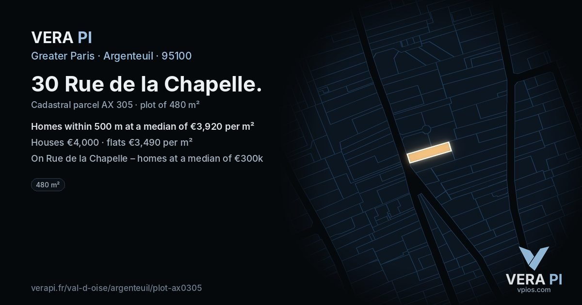 30 Rue de la Chapelle, Argenteuil at night – the plot lit, the parcels around coloured by the prices near them