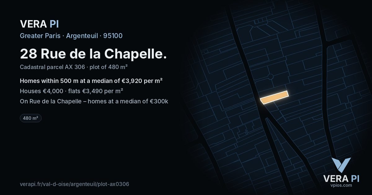 28 Rue de la Chapelle, Argenteuil at night – the plot lit, the parcels around coloured by the prices near them