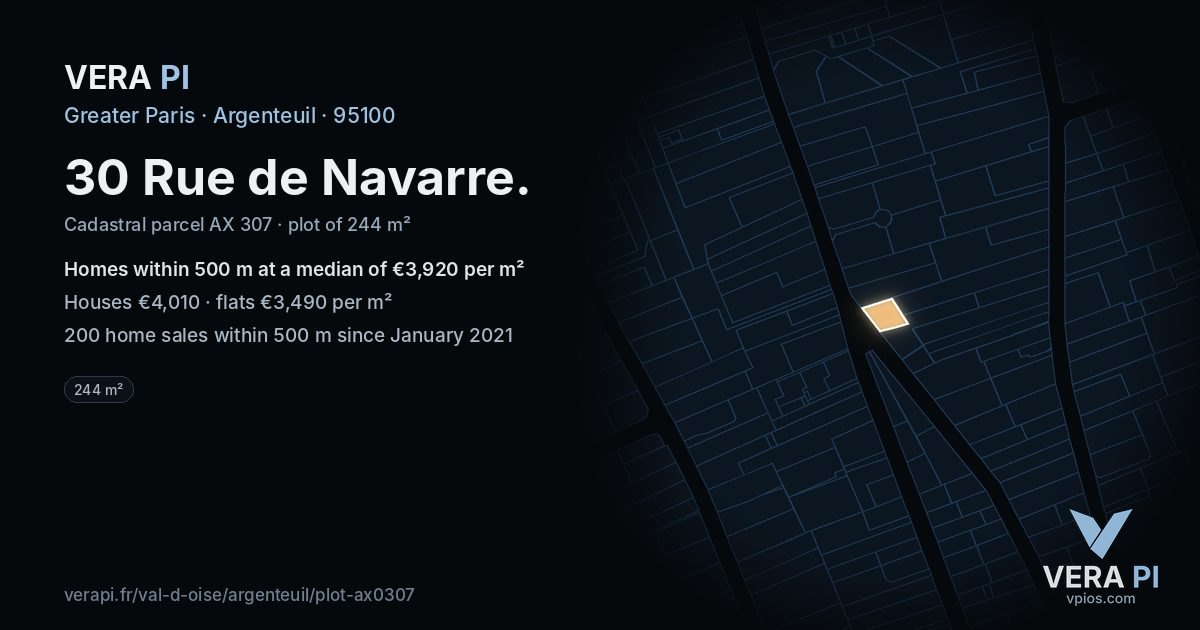 30 Rue de Navarre, Argenteuil at night – the plot lit, the parcels around coloured by the prices near them