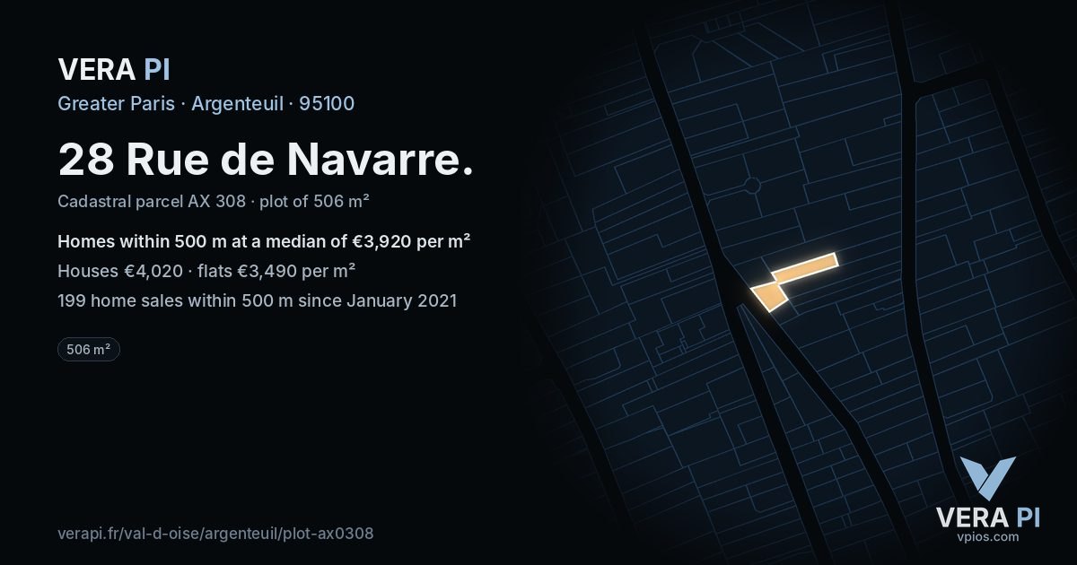 28 Rue de Navarre, Argenteuil at night – the plot lit, the parcels around coloured by the prices near them