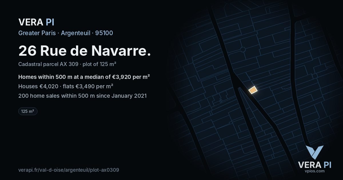 26 Rue de Navarre, Argenteuil at night – the plot lit, the parcels around coloured by the prices near them