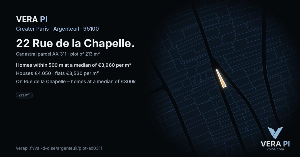 22 Rue de la Chapelle, Argenteuil at night – the plot lit, the parcels around coloured by the prices near them