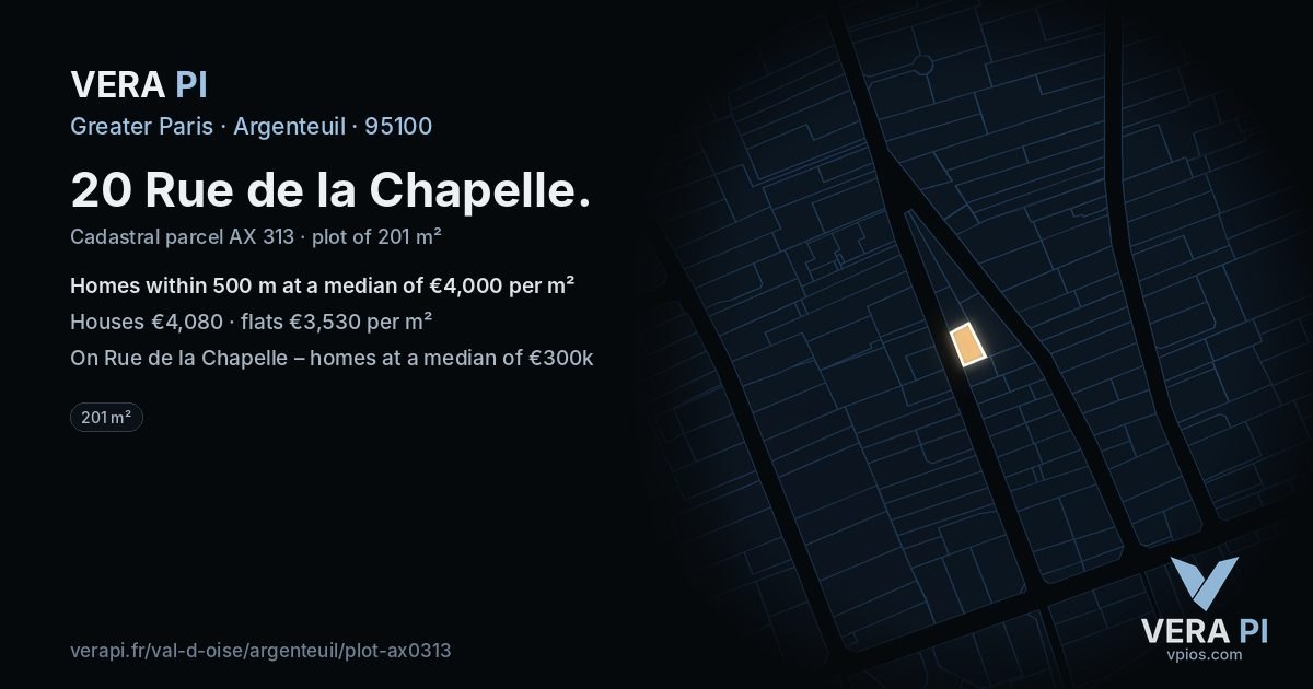 20 Rue de la Chapelle, Argenteuil at night – the plot lit, the parcels around coloured by the prices near them