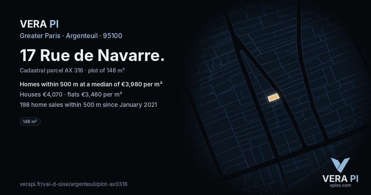 17 Rue de Navarre, Argenteuil at night – the plot lit, the parcels around coloured by the prices near them