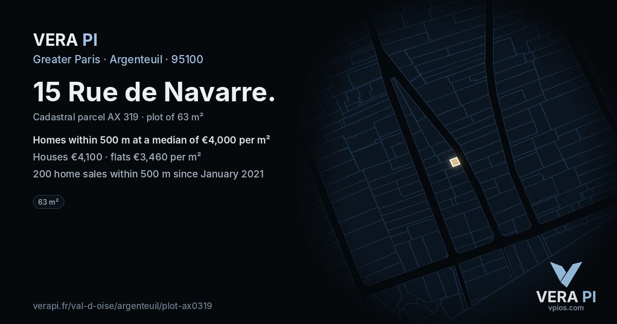 15 Rue de Navarre, Argenteuil at night – the plot lit, the parcels around coloured by the prices near them