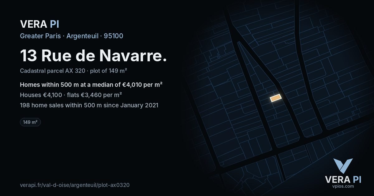 13 Rue de Navarre, Argenteuil at night – the plot lit, the parcels around coloured by the prices near them