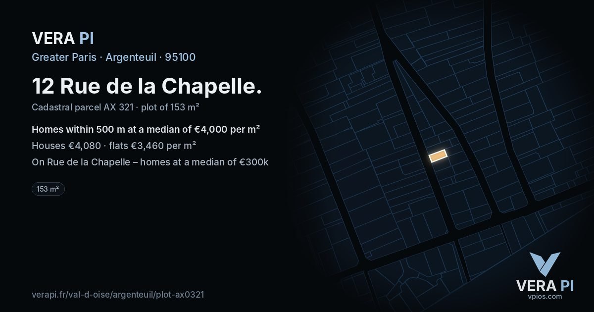 12 Rue de la Chapelle, Argenteuil at night – the plot lit, the parcels around coloured by the prices near them
