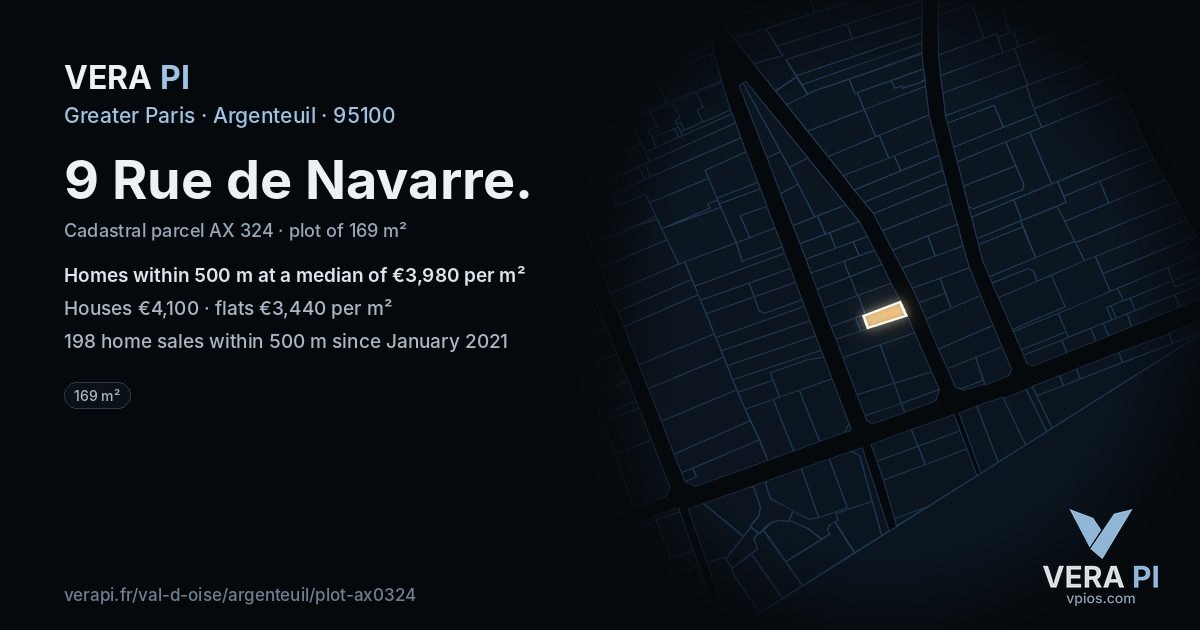 9 Rue de Navarre, Argenteuil at night – the plot lit, the parcels around coloured by the prices near them