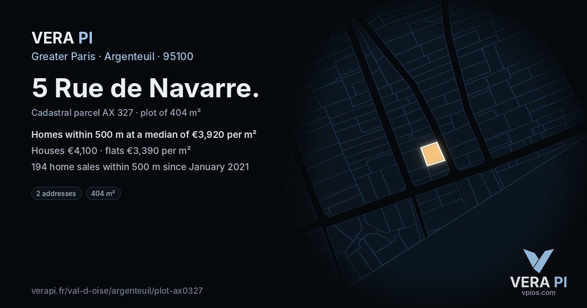 5 Rue de Navarre, Argenteuil at night – the plot lit, the parcels around coloured by the prices near them
