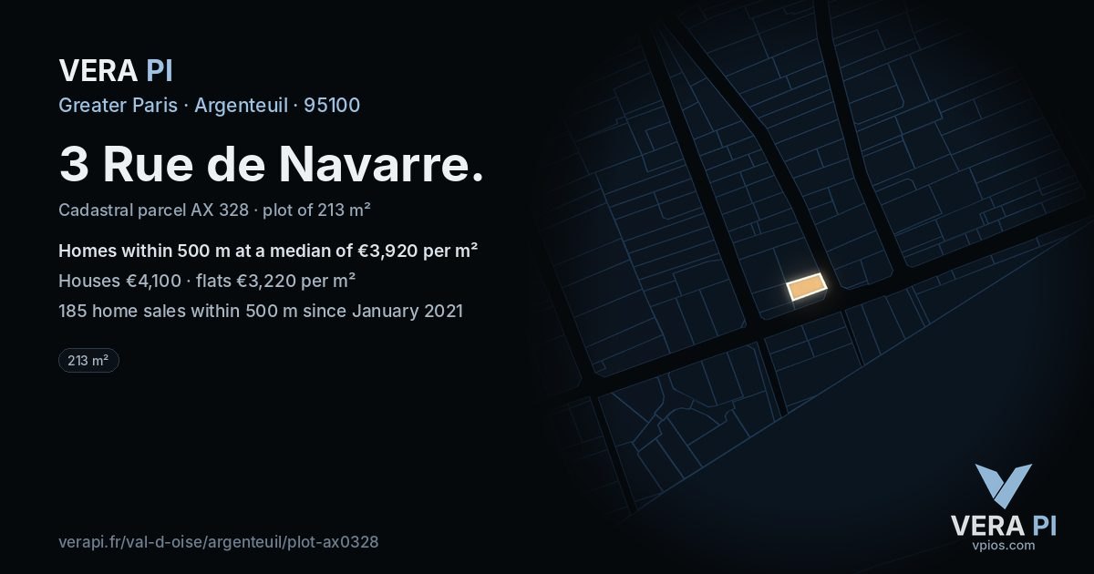 3 Rue de Navarre, Argenteuil at night – the plot lit, the parcels around coloured by the prices near them