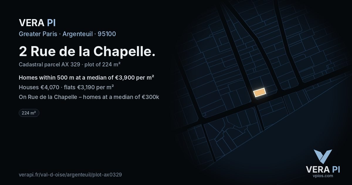 2 Rue de la Chapelle, Argenteuil at night – the plot lit, the parcels around coloured by the prices near them