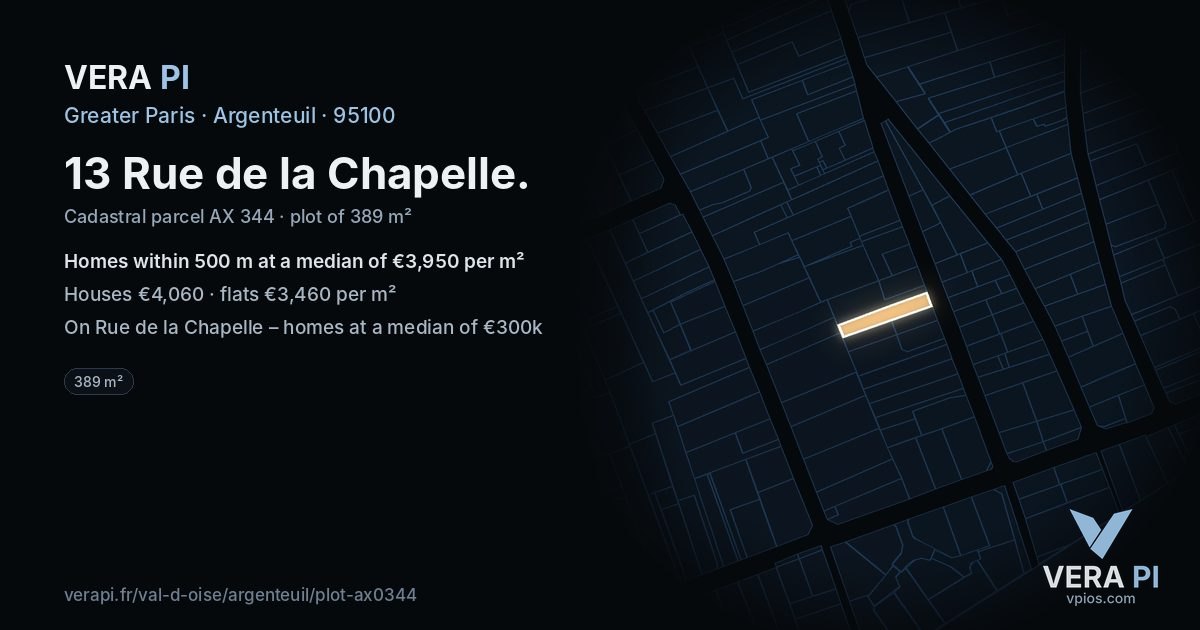 13 Rue de la Chapelle, Argenteuil at night – the plot lit, the parcels around coloured by the prices near them