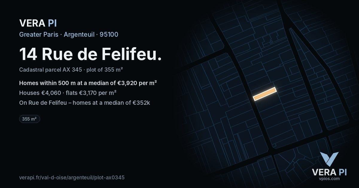14 Rue de Felifeu, Argenteuil at night – the plot lit, the parcels around coloured by the prices near them