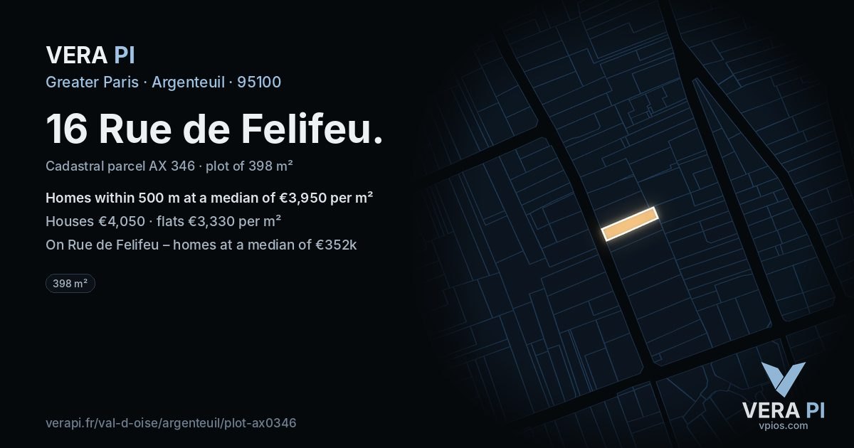 16 Rue de Felifeu, Argenteuil at night – the plot lit, the parcels around coloured by the prices near them