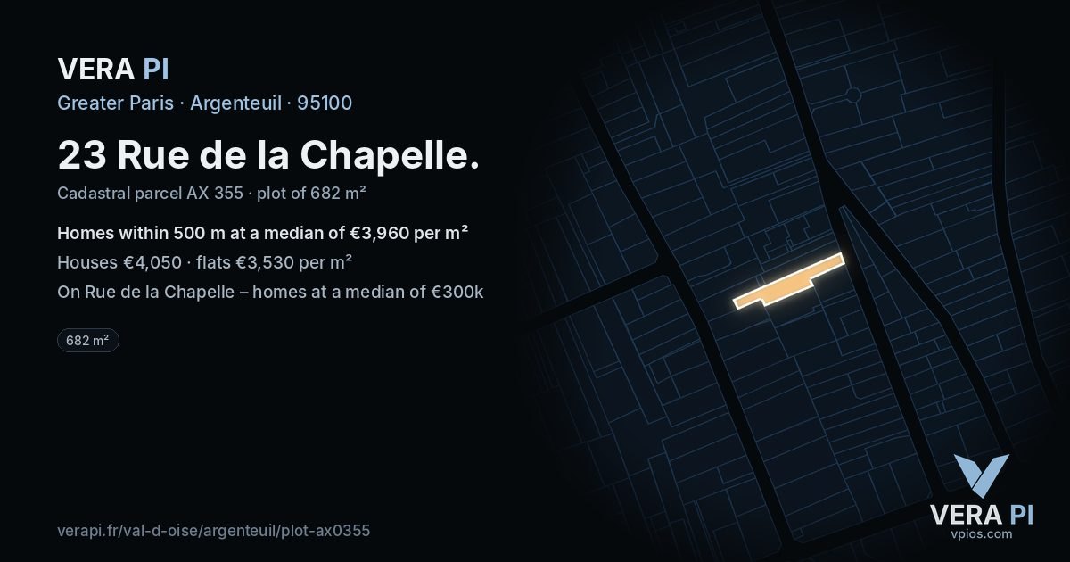 23 Rue de la Chapelle, Argenteuil at night – the plot lit, the parcels around coloured by the prices near them