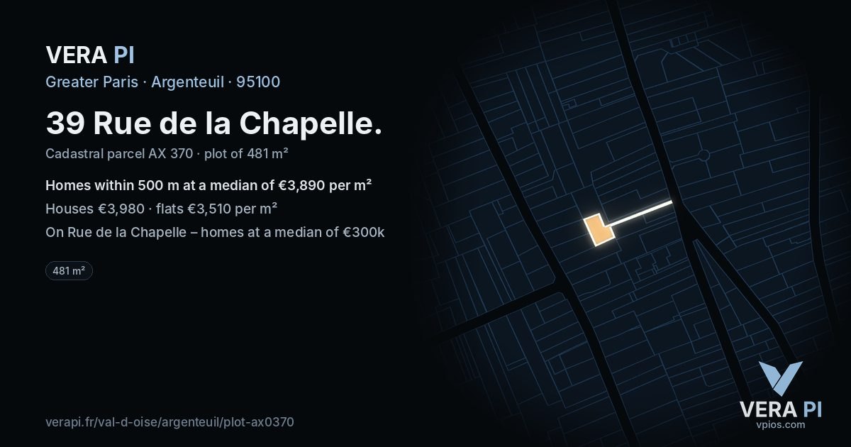 39 Rue de la Chapelle, Argenteuil at night – the plot lit, the parcels around coloured by the prices near them