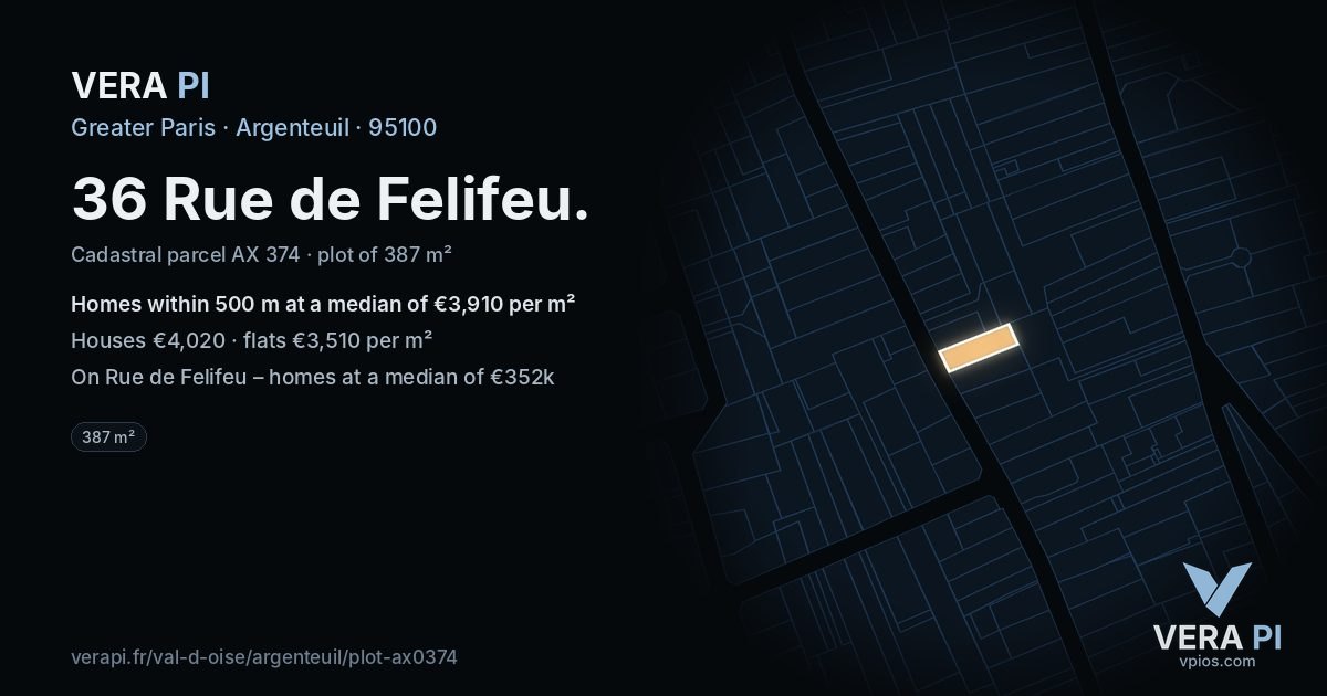 36 Rue de Felifeu, Argenteuil at night – the plot lit, the parcels around coloured by the prices near them