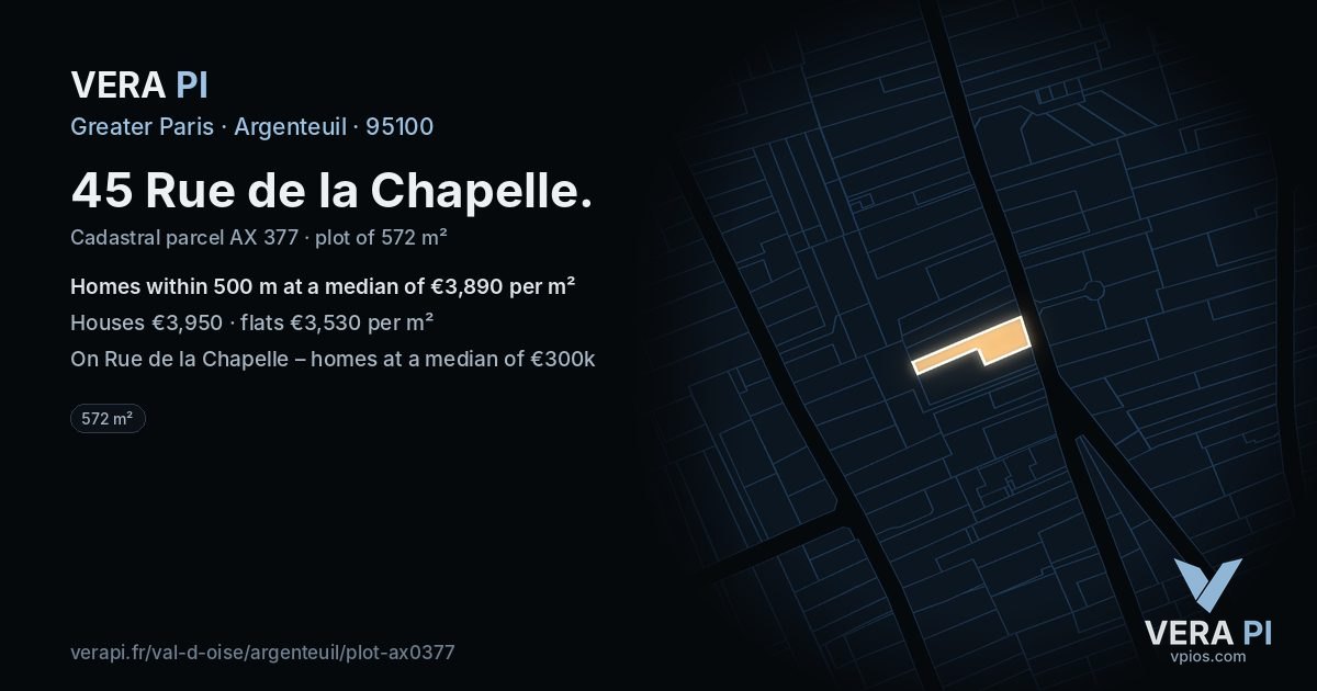 45 Rue de la Chapelle, Argenteuil at night – the plot lit, the parcels around coloured by the prices near them