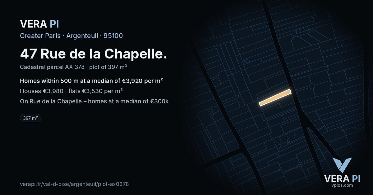 47 Rue de la Chapelle, Argenteuil at night – the plot lit, the parcels around coloured by the prices near them