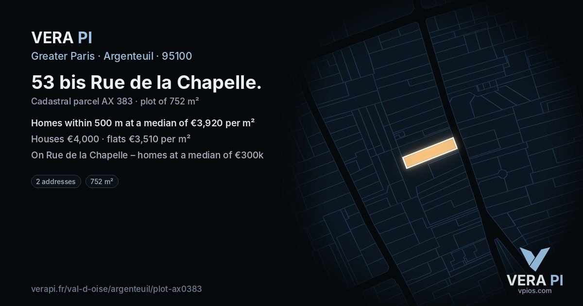 53 bis Rue de la Chapelle, Argenteuil at night – the plot lit, the parcels around coloured by the prices near them