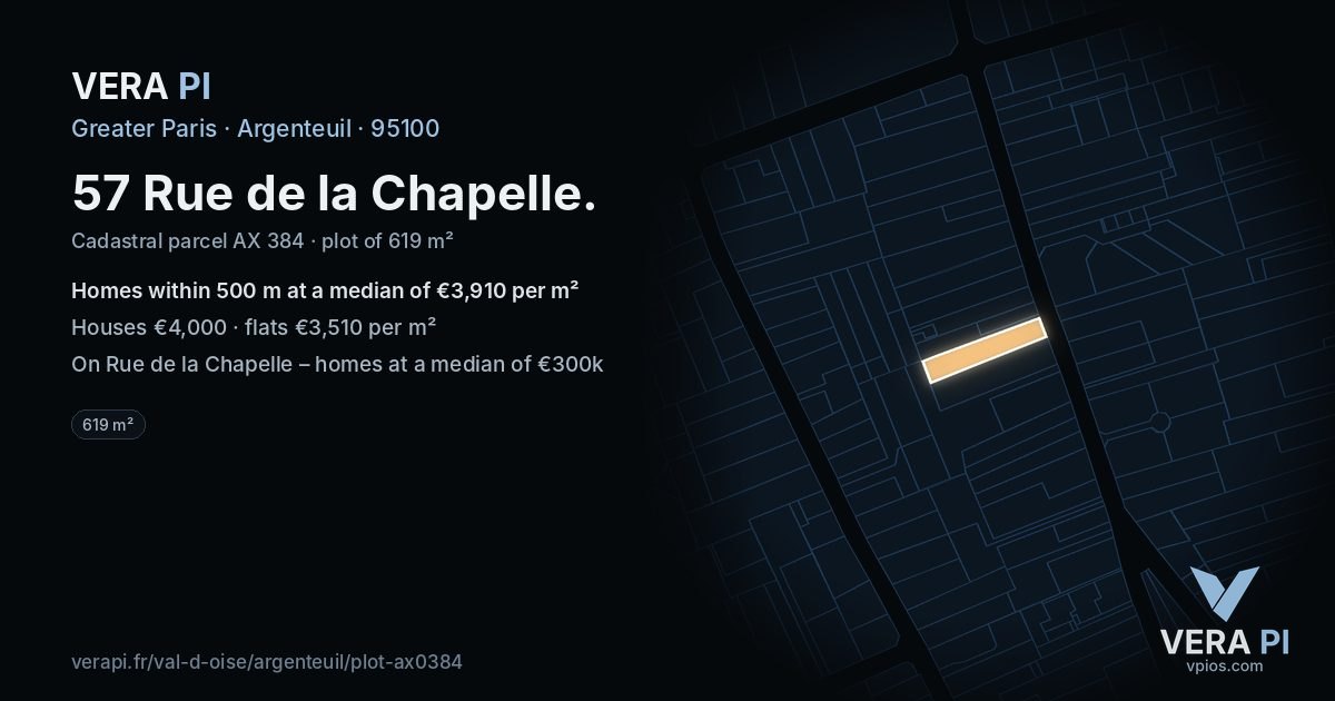 57 Rue de la Chapelle, Argenteuil at night – the plot lit, the parcels around coloured by the prices near them