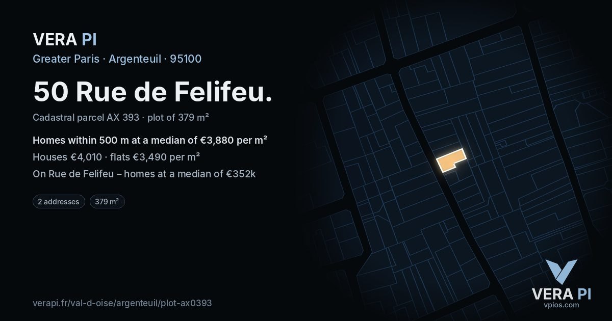 50 Rue de Felifeu, Argenteuil at night – the plot lit, the parcels around coloured by the prices near them