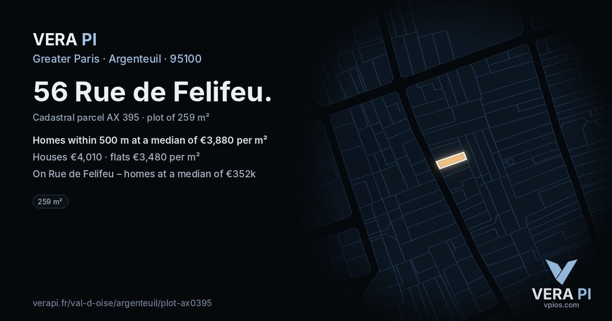 56 Rue de Felifeu, Argenteuil at night – the plot lit, the parcels around coloured by the prices near them