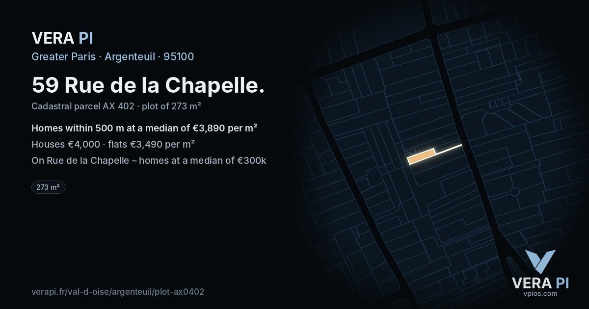 59 Rue de la Chapelle, Argenteuil at night – the plot lit, the parcels around coloured by the prices near them