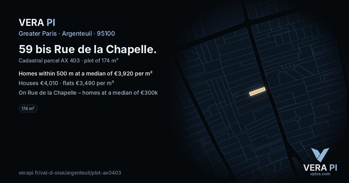 59 bis Rue de la Chapelle, Argenteuil at night – the plot lit, the parcels around coloured by the prices near them