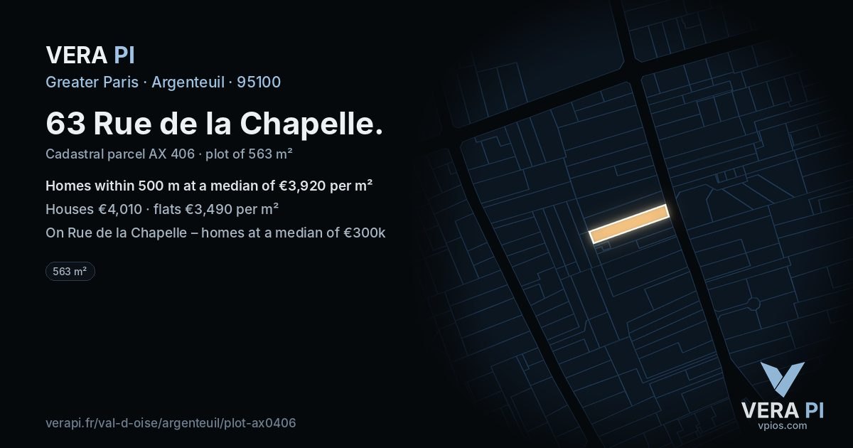 63 Rue de la Chapelle, Argenteuil at night – the plot lit, the parcels around coloured by the prices near them