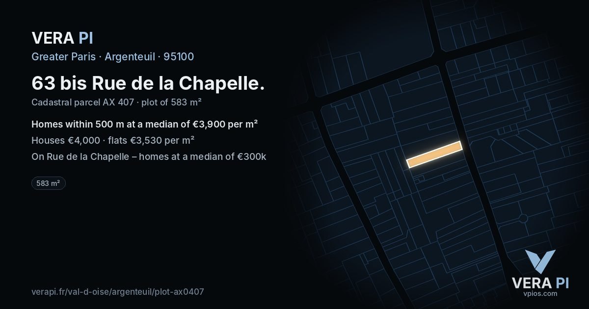 63 bis Rue de la Chapelle, Argenteuil at night – the plot lit, the parcels around coloured by the prices near them