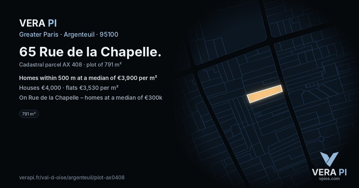 65 Rue de la Chapelle, Argenteuil at night – the plot lit, the parcels around coloured by the prices near them