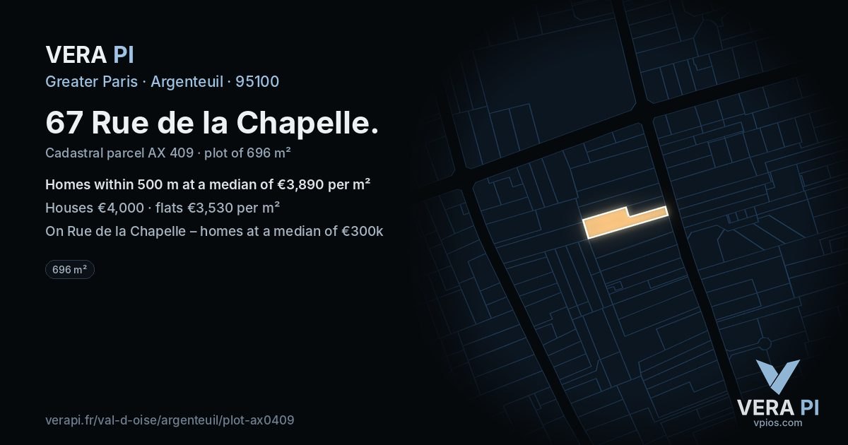 67 Rue de la Chapelle, Argenteuil at night – the plot lit, the parcels around coloured by the prices near them